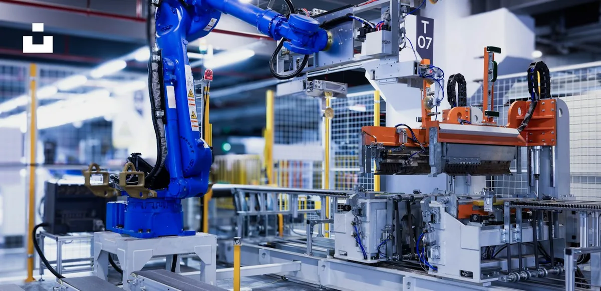 Braço robótico azul em uma linha de produção industrial